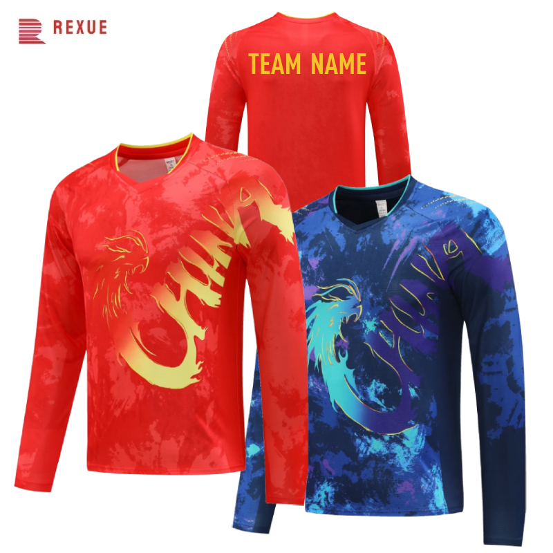Table Tennis Logo - 中国ドラゴン長袖卓球シャツ 2024 赤青中国チームバドミントンジャージ男性女性のためのチーム名ロゴを印刷することができます