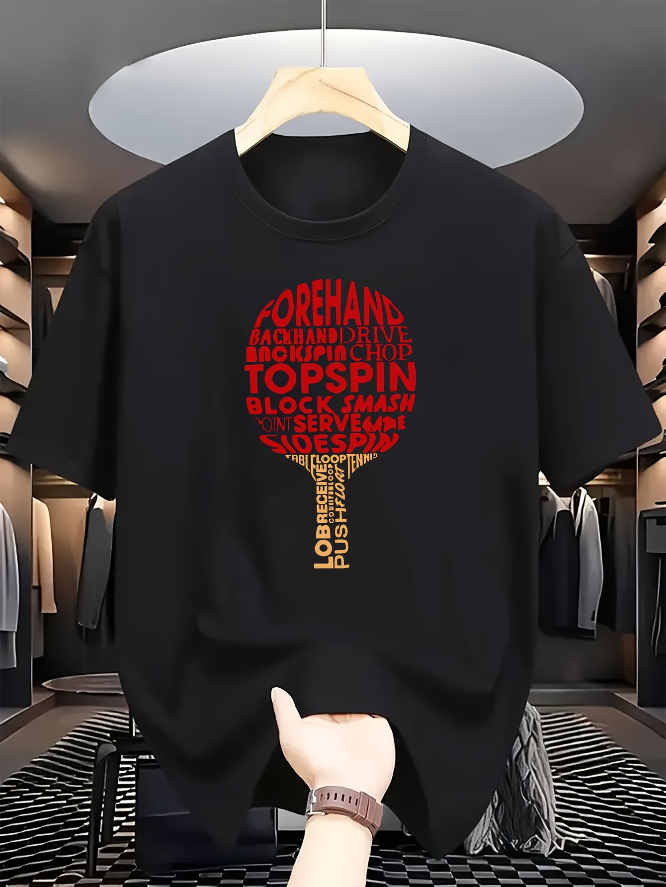 Table Tennis Basic - 2026 メンズ卓球パドル＆フォアハンドスマッシュプリント Tシャツ - 軽量サマースポーツウェア、パドル付きカジュアルクルーネックTシャツ